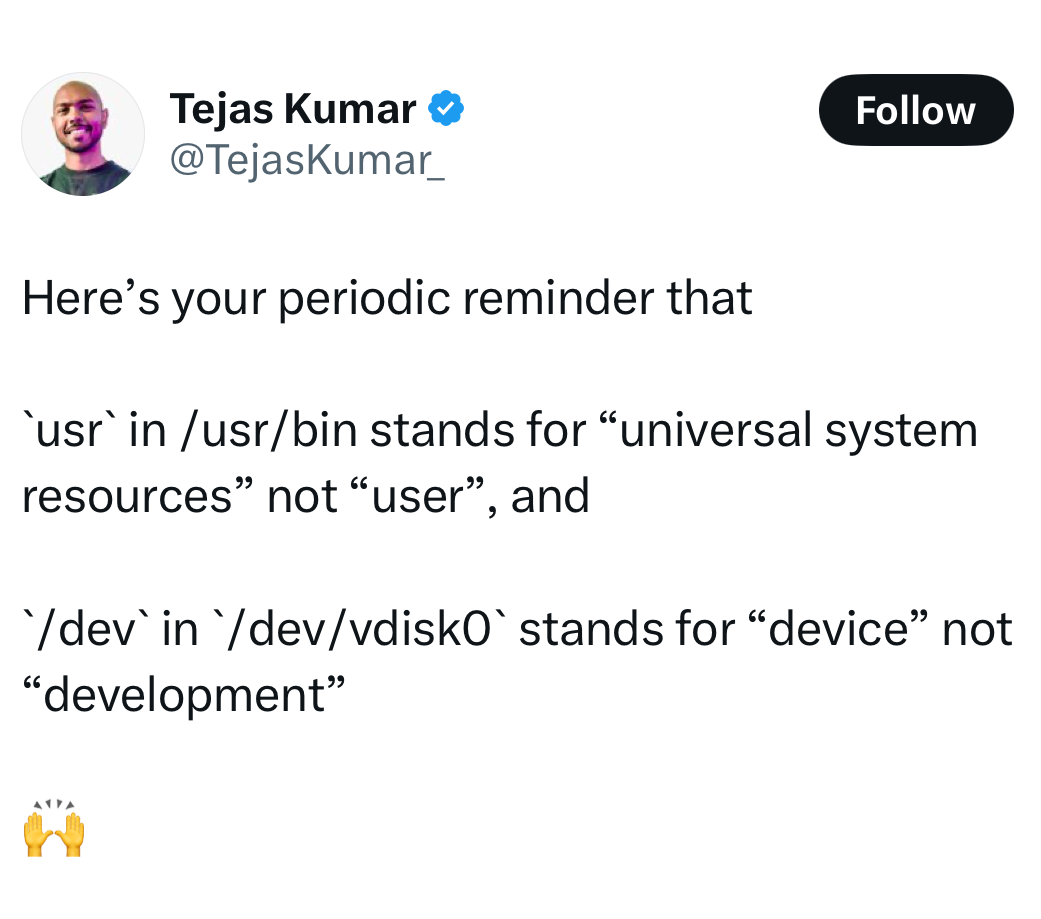 `usr` in `/usr/bin` stands for "universal system resources" not "user"