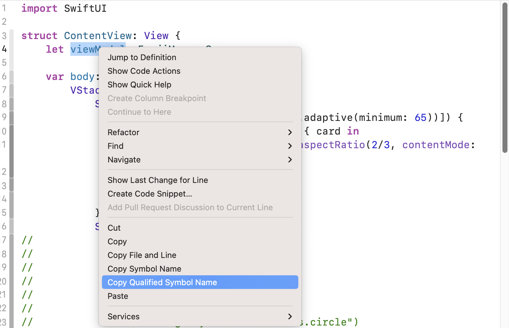 Screenshot of Xcode showing contextual menu with Copy Qualified Symbol Name item