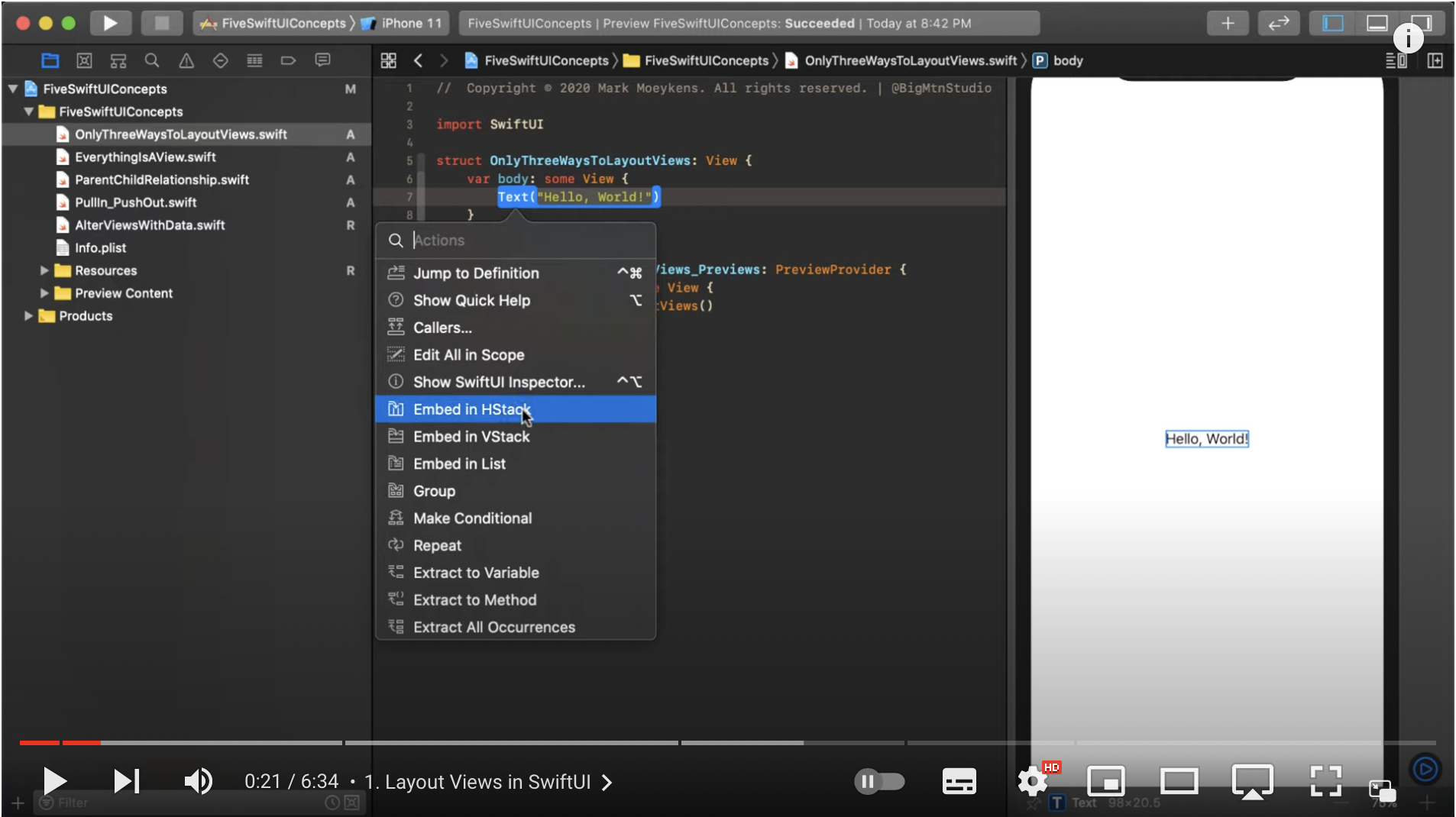 Screenshot from Youtube video 5 SwiftUI Concepts Every Beginning SwiftUI Developer Needs To Know (2020) showing Code Actions in Xcode